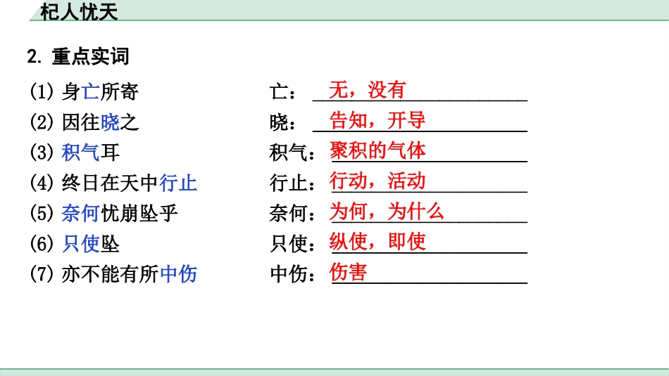 中考1.甘肃语文配套课件_2.第二部分  古诗文阅读_1.专题一  文言文阅读_2.一阶 课内文言文阅读_教材39篇文言文梳理及训练_32. 杞人忧天_杞人忧天（练）.pptx_第3页