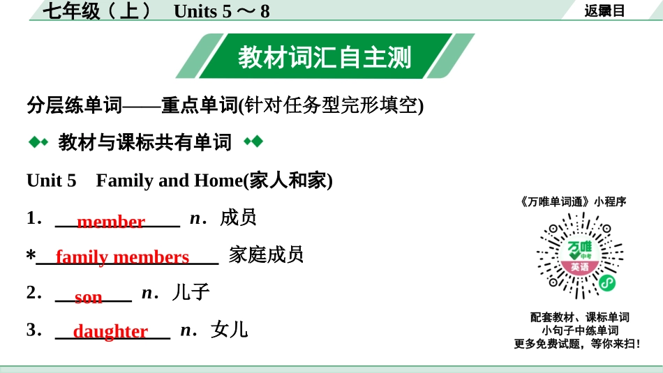 中考甘肃英语配套课件HBJY(1)_2. 教材词汇语境练_正面_02. 七年级(上) Units 5～8.pptx_第3页