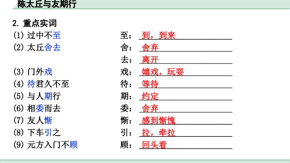 中考陕西语文配套课件_4.第四部分  古诗文阅读_专题一 文言文三阶攻关_一阶  教材九~七年级文言文分册梳理_第29篇　陈太丘与友期行_陈太丘与友期行（练）.ppt_第3页