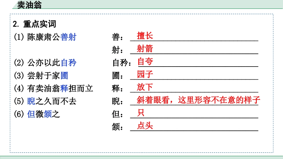 中考1.甘肃语文配套课件_2.第二部分  古诗文阅读_1.专题一  文言文阅读_2.一阶 课内文言文阅读_教材39篇文言文梳理及训练_24. 卖油翁_卖油翁（练）.pptx_第3页