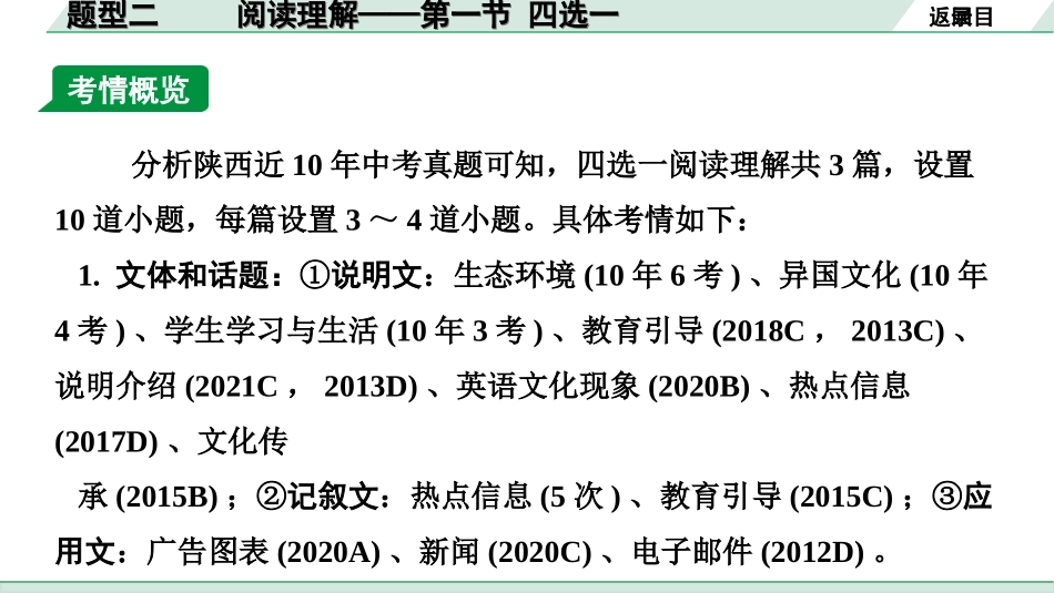 中考陕西英语配套课件HBJY_1. 精讲本_38. 第三部分 题型二 第一节 四选一.ppt_第3页