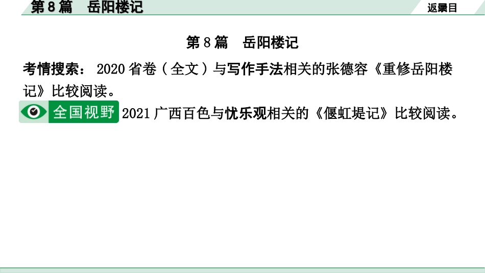 中考1.甘肃语文配套课件_2.第二部分  古诗文阅读_1.专题一  文言文阅读_3.二阶 课内外比较阅读_3.三、重点篇目核心命题点群文攻关_第8篇　岳阳楼记.ppt_第2页