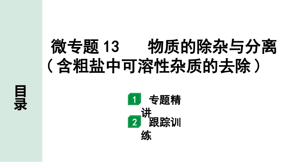 中考8.甘肃化学配套课件_01.精品课件_01.第一部分　甘肃中考考点研究_10.第十、十一单元　酸碱盐微专题_06.微专题13　物质的除杂与分离（含粗盐中可溶性杂质的去除）.pptx_第1页