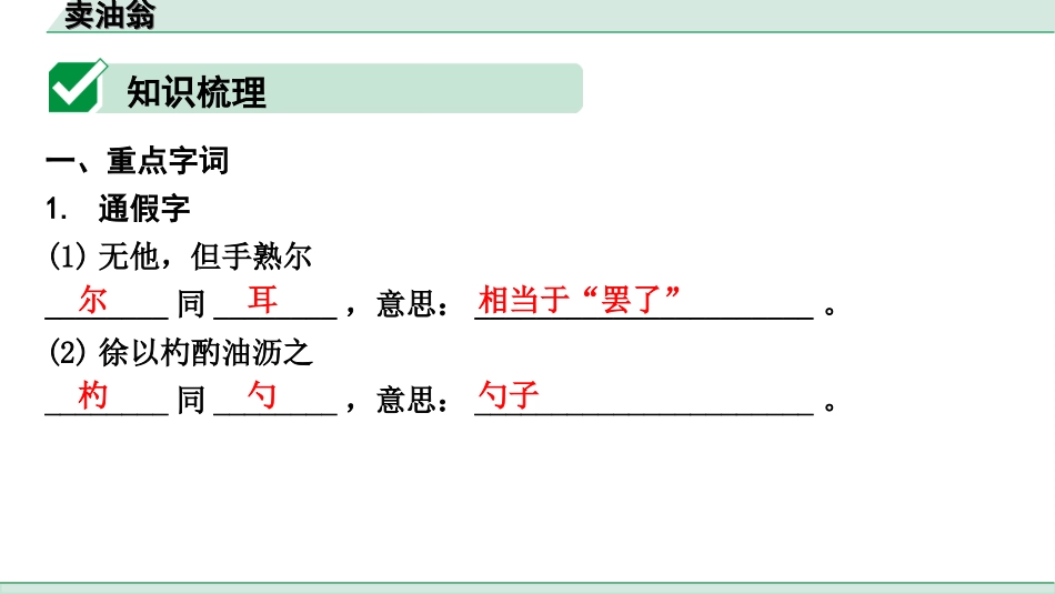 中考陕西语文配套课件_4.第四部分  古诗文阅读_专题一 文言文三阶攻关_一阶  教材九~七年级文言文分册梳理_第36篇　卖油翁_卖油翁（练）.ppt_第2页