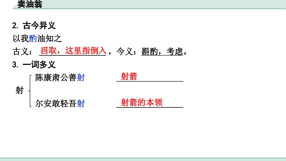 中考陕西语文配套课件_4.第四部分  古诗文阅读_专题一 文言文三阶攻关_一阶  教材九~七年级文言文分册梳理_第36篇　卖油翁_卖油翁（练）.ppt_第3页