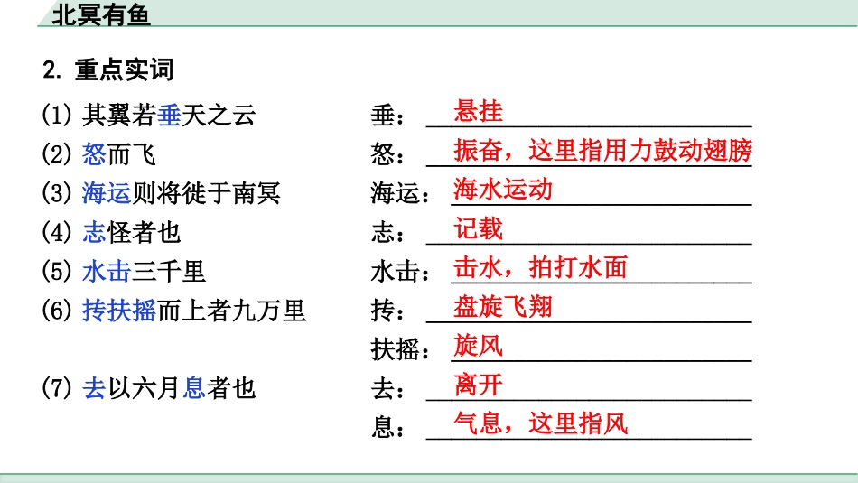 中考1.甘肃语文配套课件_2.第二部分  古诗文阅读_1.专题一  文言文阅读_2.一阶 课内文言文阅读_教材39篇文言文梳理及训练_14. 《庄子二则》_北冥有鱼_北冥有鱼（练）.pptx_第3页