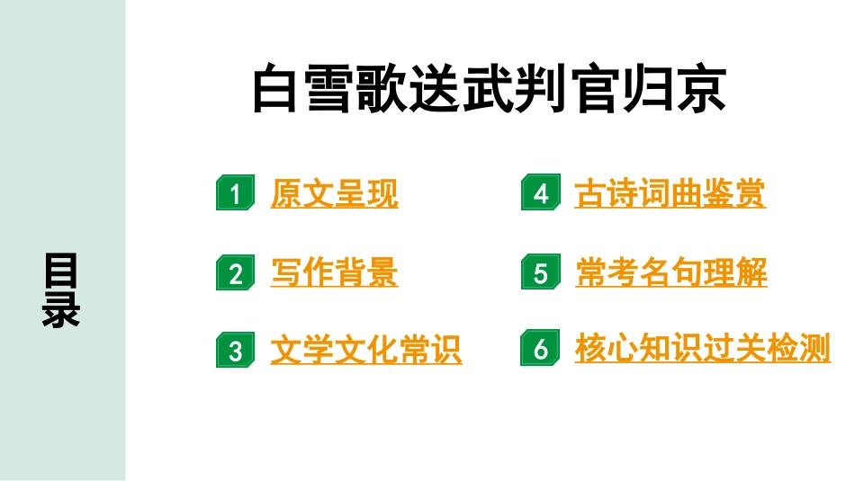 中考辽宁语文配套课件_精品课件_2.古诗文册_2.专题二  古诗词曲鉴赏_课标古诗词曲40首梳理及训练_6.白雪歌送武判官归京.pptx_第2页