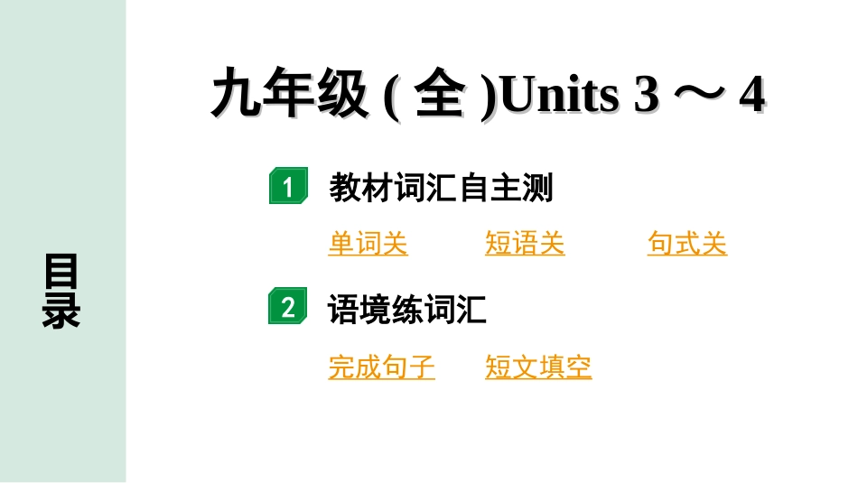 中考陕西英语配套课件_精品课件_2. 教材词汇语境练_18. 九年级(全)　Units 3～4.ppt_第2页