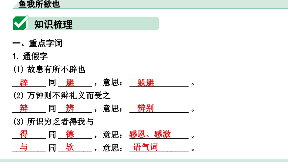 中考陕西语文配套课件_4.第四部分  古诗文阅读_专题一 文言文三阶攻关_一阶  教材九~七年级文言文分册梳理_第4篇　鱼我所欲也_鱼我所欲也（练）.ppt_第2页