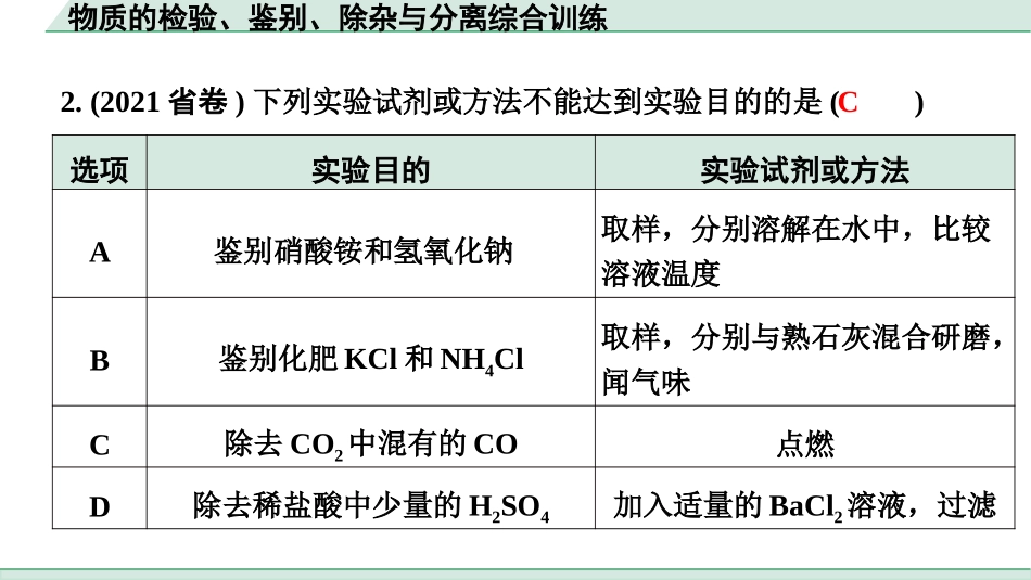 中考8.甘肃化学配套课件_01.精品课件_01.第一部分　甘肃中考考点研究_10.第十、十一单元　酸碱盐微专题_07.物质的检验、鉴别、除杂与分离综合训练.pptx_第3页