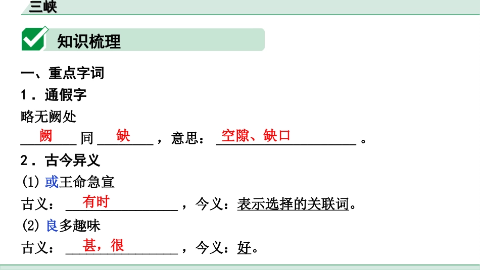 中考陕西语文配套课件_4.第四部分  古诗文阅读_专题一 文言文三阶攻关_一阶  教材九~七年级文言文分册梳理_第11篇　三峡_三峡（练）.ppt_第2页