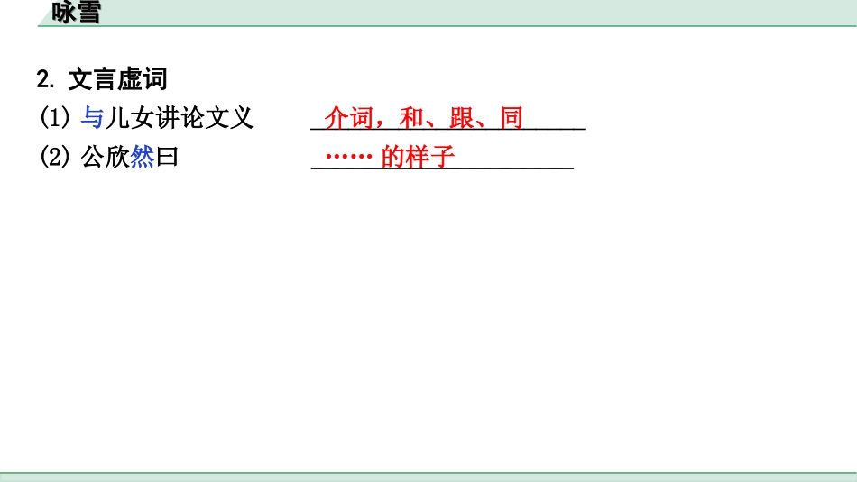 中考陕西语文配套课件_4.第四部分  古诗文阅读_专题一 文言文三阶攻关_一阶  教材九~七年级文言文分册梳理_第28篇　咏雪_咏雪（练）.ppt_第3页