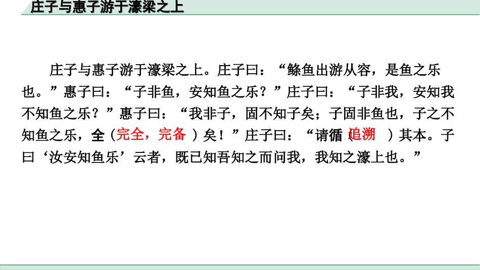 中考杭州语文2. 第二部分 阅读_4.专题四  课外文言文三阶攻关_一阶  必备知识——课内文言文字词积累_教材重点字词逐篇训练_26. 庄子与惠子游于濠梁之上_庄子与惠子游于濠梁之上（练）.ppt_第2页