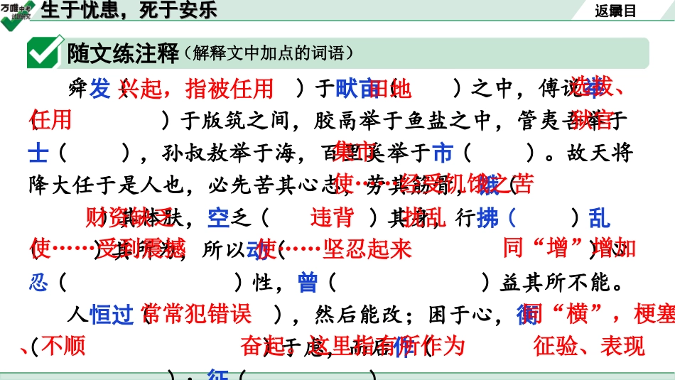 中考广东语文2.第二部分  古诗文默写与阅读_2. 专题二  课内文言文阅读_1轮 课内文言文逐篇过关检测_25. 生于忧患,死于安乐_生于忧患，死于安乐（练）.ppt_第2页