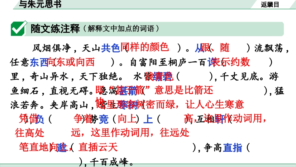 中考广东语文2.第二部分  古诗文默写与阅读_2. 专题二  课内文言文阅读_1轮 课内文言文逐篇过关检测_22. 与朱元思书_与朱元思书(练).ppt_第2页