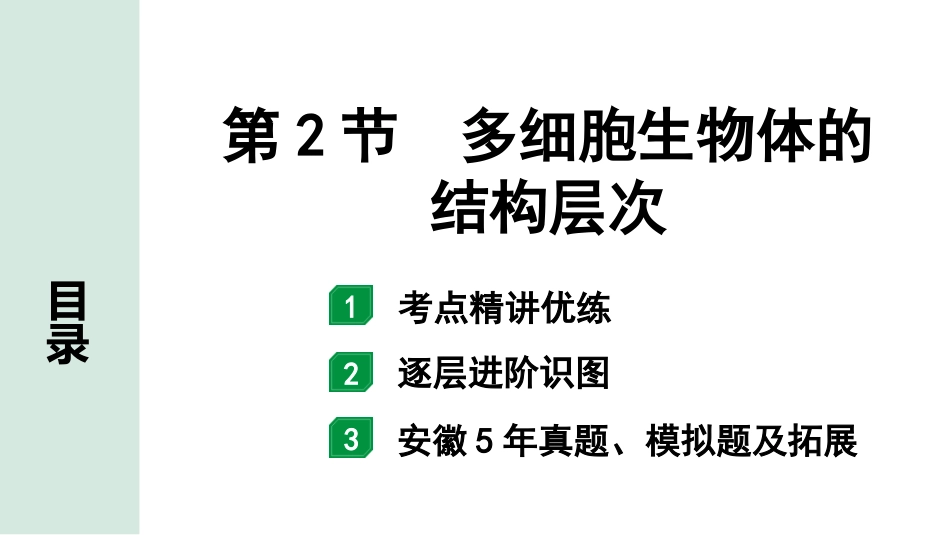 中考安徽生物学01.第一部分  安徽中考考点研究_01.主题一  生物体的结构层次_02.第2节  多细胞生物体的结构层次.pptx_第1页