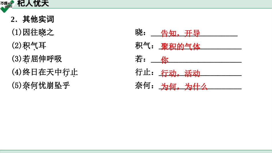 中考贵阳语文2.第二部分  阅读能力_5.古代诗文阅读_1.专题一　文言文阅读_1.一阶　教材文言文逐篇梳理及课外对接_第39篇　杞人忧天_杞人忧天(练).ppt_第3页