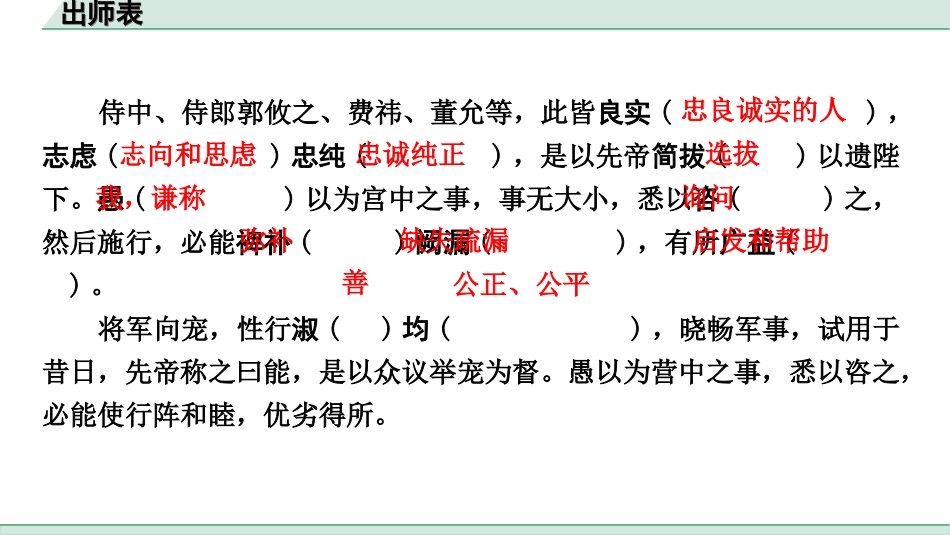 中考杭州语文2. 第二部分 阅读_4.专题四  课外文言文三阶攻关_一阶  必备知识——课内文言文字词积累_教材重点字词逐篇训练_39. 出师表_出师表（练）.ppt_第3页