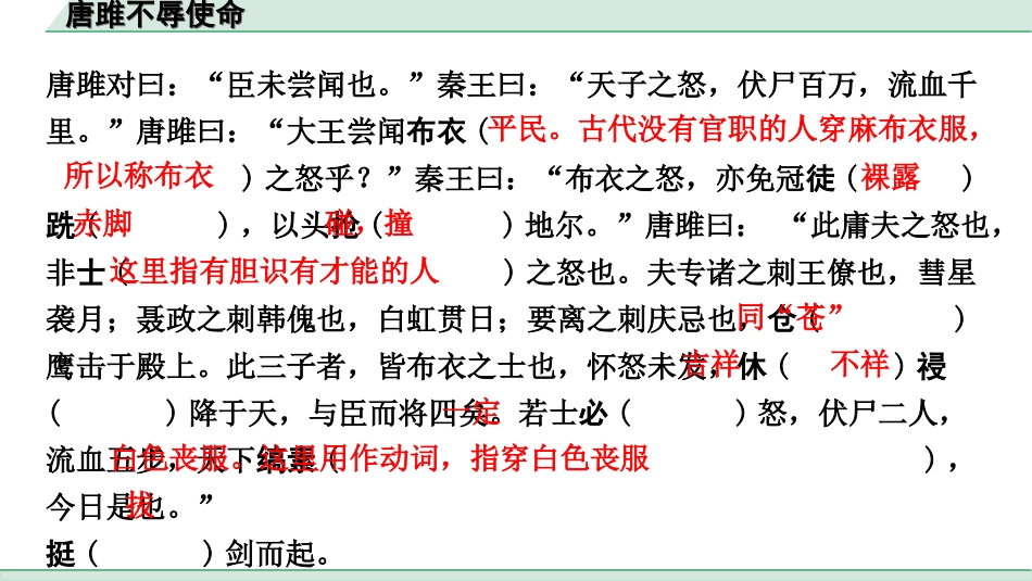 中考杭州语文2. 第二部分 阅读_4.专题四  课外文言文三阶攻关_一阶  必备知识——课内文言文字词积累_教材重点字词逐篇训练_34. 唐雎不辱使命_唐雎不辱使命（练）.ppt_第3页