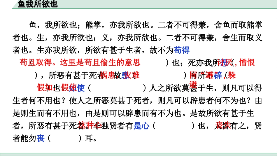 中考杭州语文2. 第二部分 阅读_4.专题四  课外文言文三阶攻关_一阶  必备知识——课内文言文字词积累_教材重点字词逐篇训练_33. 鱼我所欲也_鱼我所欲也（练）.ppt_第2页