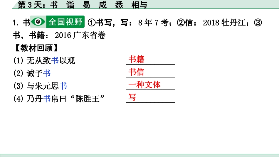 中考河北语文2.第二部分  古诗文阅读_专题二  文言文阅读_二阶  点对点迁移训练_（一）实词_第3天：书　诣　易　咸　悉　相与.pptx_第2页