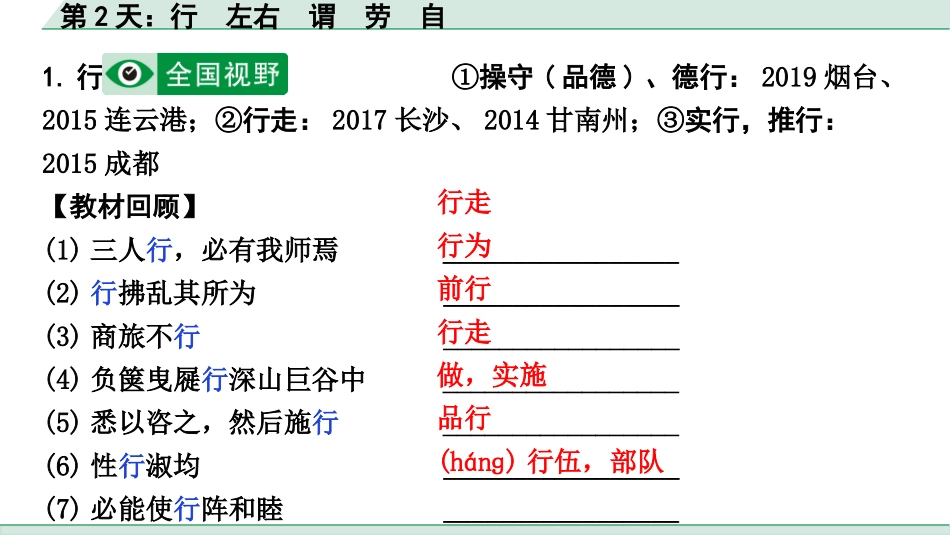 中考河北语文2.第二部分  古诗文阅读_专题二  文言文阅读_二阶  点对点迁移训练_（一）实词_第2天：行　左右　谓　劳　自.pptx_第2页