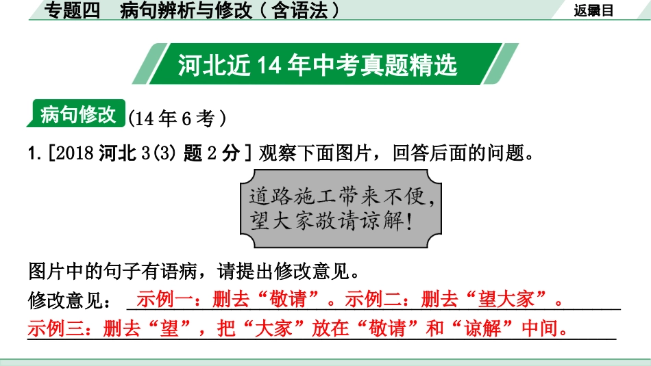 中考河北语文1.第一部分  知识积累与运用_4.专题四  病句辨析与修改_专题四  病句辨析与修改(含语法).pptx_第3页