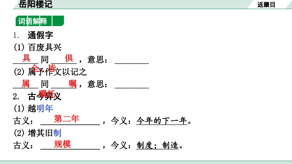 中考北京语文2.第二部分  古诗文阅读_2.专题三  文言文阅读_一轮  22篇文言文梳理及训练_第1篇  岳阳楼记_岳阳楼记（练）.ppt_第2页