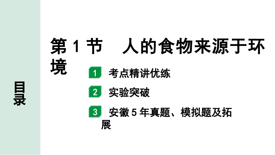 中考安徽生物学01.第一部分  安徽中考考点研究_04.主题四  生物圈中的人_01.第1节  人的食物来源于环境.pptx_第1页