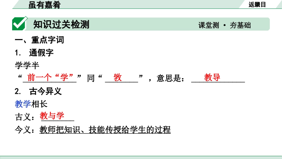 中考湖北语文2.第二部分 古诗文阅读_1.专题一  文言文阅读_一阶：教材文言文39篇逐篇梳理及训练_第15篇　《礼记》二则_虽有嘉肴_虽有嘉肴（练）.pptx_第2页