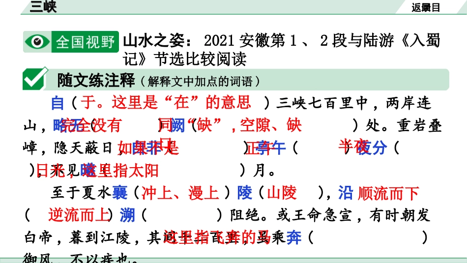 中考广东语文2.第二部分  古诗文默写与阅读_2. 专题二  课内文言文阅读_1轮 课内文言文逐篇过关检测_19. 三 峡_三峡（练）.ppt_第2页