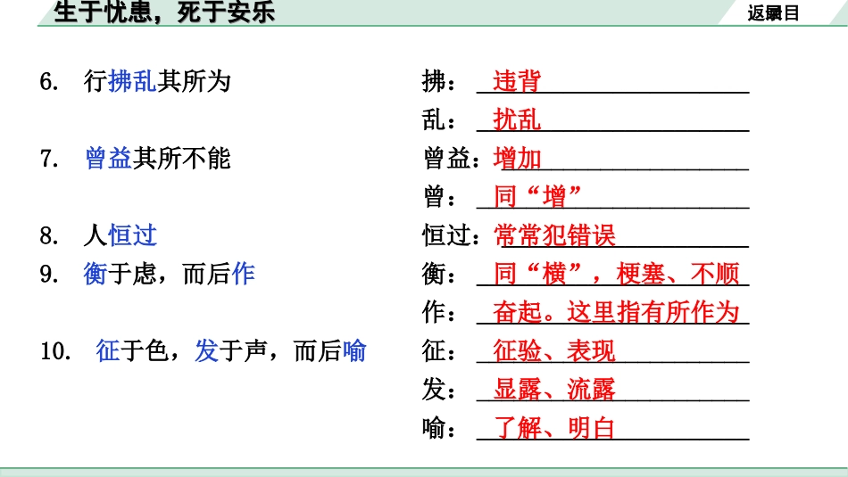 中考安徽语文2.第二部分  古诗文阅读_1.专题一  文言文阅读_一阶  课标文言文逐篇梳理及对比迁移练_第13篇  生于忧患，死于安乐_生于忧患，死于安乐（练）.ppt_第3页