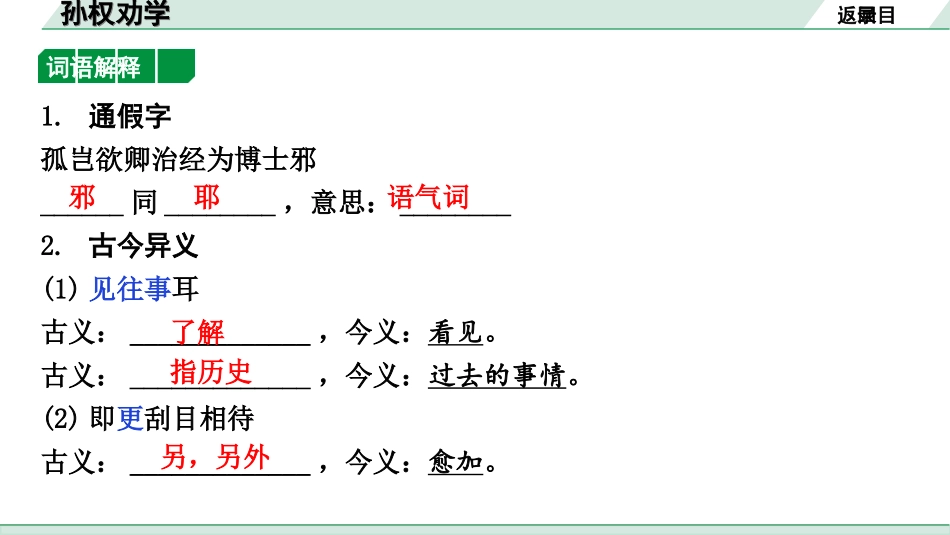 中考北京语文2.第二部分  古诗文阅读_2.专题三  文言文阅读_一轮  22篇文言文梳理及训练_第20篇　孙权劝学_孙权劝学（练）.ppt_第2页