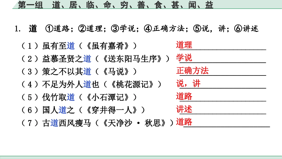 中考湖北语文2.第二部分 古诗文阅读_1.专题一  文言文阅读_二阶：重点字词梳理及迁移训练_1.一词多义梳理及迁移训练_第一组  道、居、临、命、穷、善、食、甚、闻、益.pptx_第2页