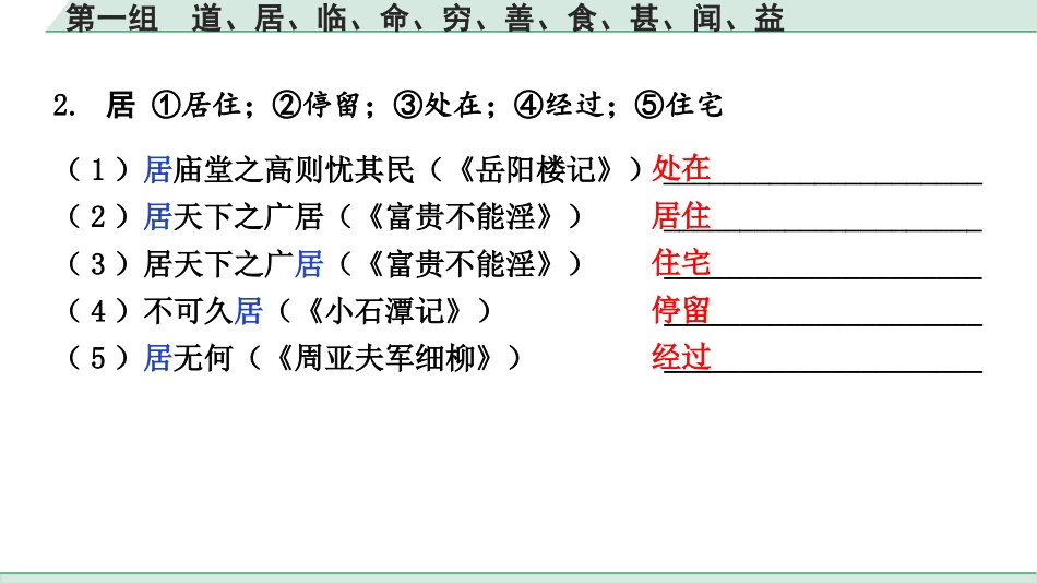 中考湖北语文2.第二部分 古诗文阅读_1.专题一  文言文阅读_二阶：重点字词梳理及迁移训练_1.一词多义梳理及迁移训练_第一组  道、居、临、命、穷、善、食、甚、闻、益.pptx_第3页