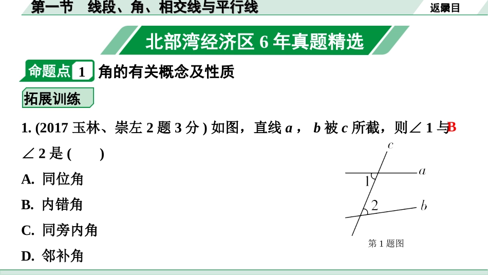 中考北部湾数学1.第一部分  北部湾经济区中考考点研究_4.第四章  三角形_1.第一节  线段、角、相交线与平行线.ppt_第2页