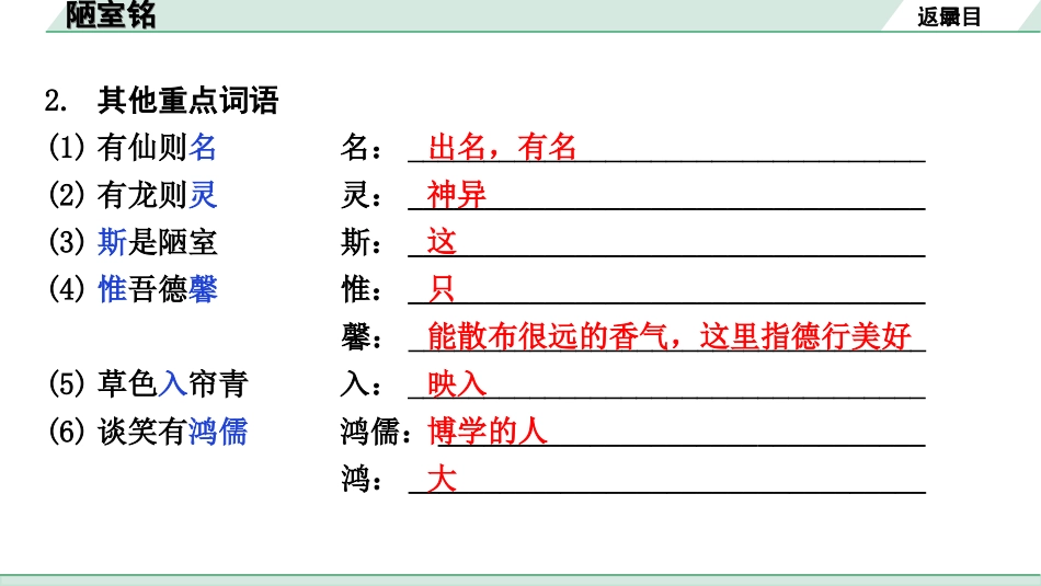 中考北京语文2.第二部分  古诗文阅读_2.专题三  文言文阅读_一轮  22篇文言文梳理及训练_第21篇　陋室铭_陋室铭（练）.ppt_第3页