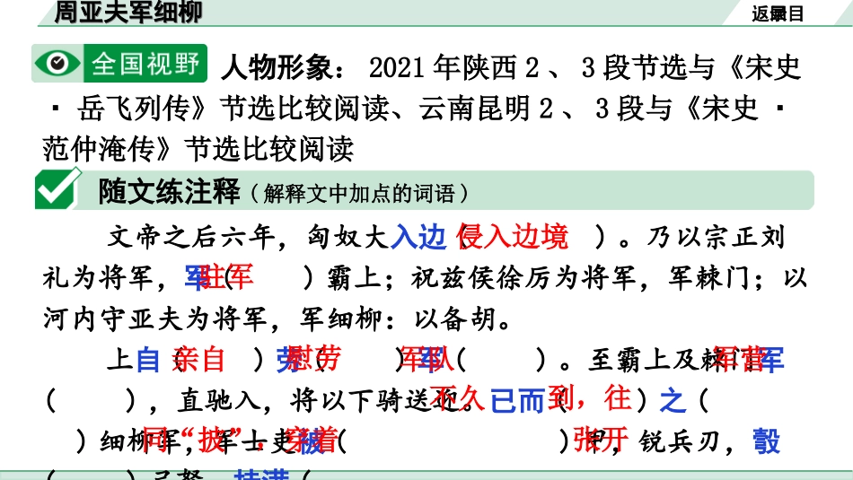 中考广东语文2.第二部分  古诗文默写与阅读_2. 专题二  课内文言文阅读_1轮 课内文言文逐篇过关检测_27. 周亚夫军细柳_周亚夫军细柳（练）.ppt_第2页