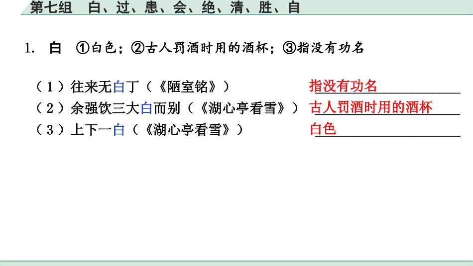 中考湖北语文2.第二部分 古诗文阅读_1.专题一  文言文阅读_二阶：重点字词梳理及迁移训练_1.一词多义梳理及迁移训练_第七组  白、过、患、会、绝、清、胜、自.pptx_第2页