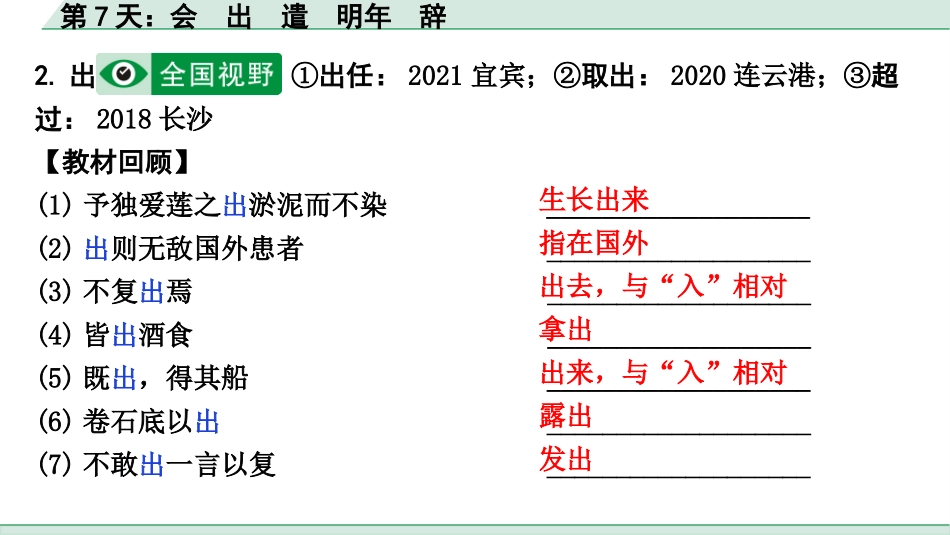 中考河北语文2.第二部分  古诗文阅读_专题二  文言文阅读_二阶  点对点迁移训练_（一）实词_第7天：会　出　遣　明年　辞.pptx_第3页