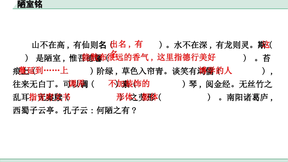 中考杭州语文2. 第二部分 阅读_4.专题四  课外文言文三阶攻关_一阶  必备知识——课内文言文字词积累_教材重点字词逐篇训练_10. 陋室铭_陋室铭（练）.ppt_第2页