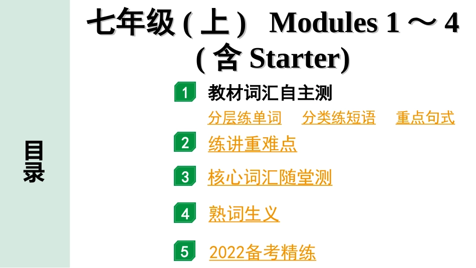 中考广东英语WY全书PPT_2.教材梳理_01. 第一部分 七年级(上) Modules 1～4(含Starter).ppt_第1页