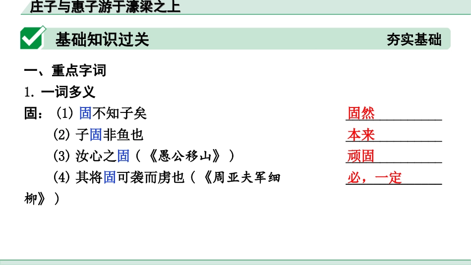 中考北部湾经济区语文2.第二部分  精读_一、古诗文阅读_3.专题三  文言文阅读_一阶  课内文言文知识梳理及训练_14 《庄子》二则_庄子与惠子游于濠梁之上_庄子与惠子游于濠梁之上（练）.ppt_第2页