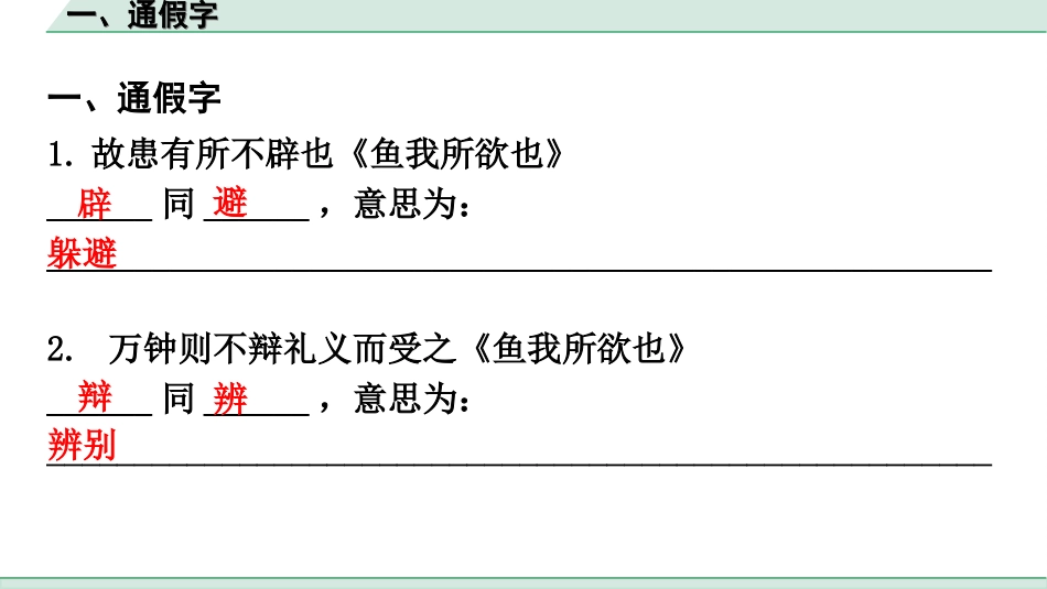 中考广东语文2.第二部分  古诗文默写与阅读_2. 专题二  课内文言文阅读_2轮 教材课内文言文知识整合_教材重点实词分类整合_一、通假字.ppt_第2页