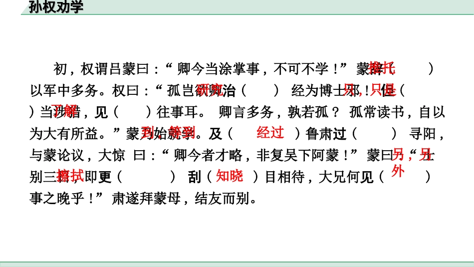 中考杭州语文2. 第二部分 阅读_4.专题四  课外文言文三阶攻关_一阶  必备知识——课内文言文字词积累_教材重点字词逐篇训练_8. 孙权劝学_孙权劝学（练）.ppt_第2页