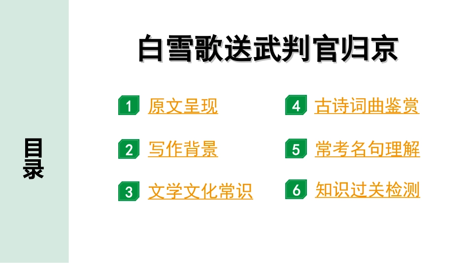 中考河南语文1.第一部分  古诗文阅读与默写_2.专题二  课标古诗词曲鉴赏_课标古诗词曲40首逐首梳理及训练_课标古诗词曲40首逐首训练_第6首  白雪歌送武判官归京.ppt_第2页