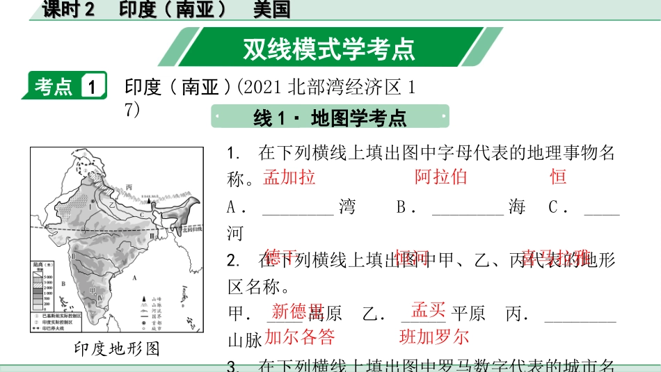 中考广西地理1.  第一部分　广西中考考点研究_2. 模块二　世界地理_7.第七单元  认识国家_2.课时2  印度(南亚)  美国.ppt_第2页