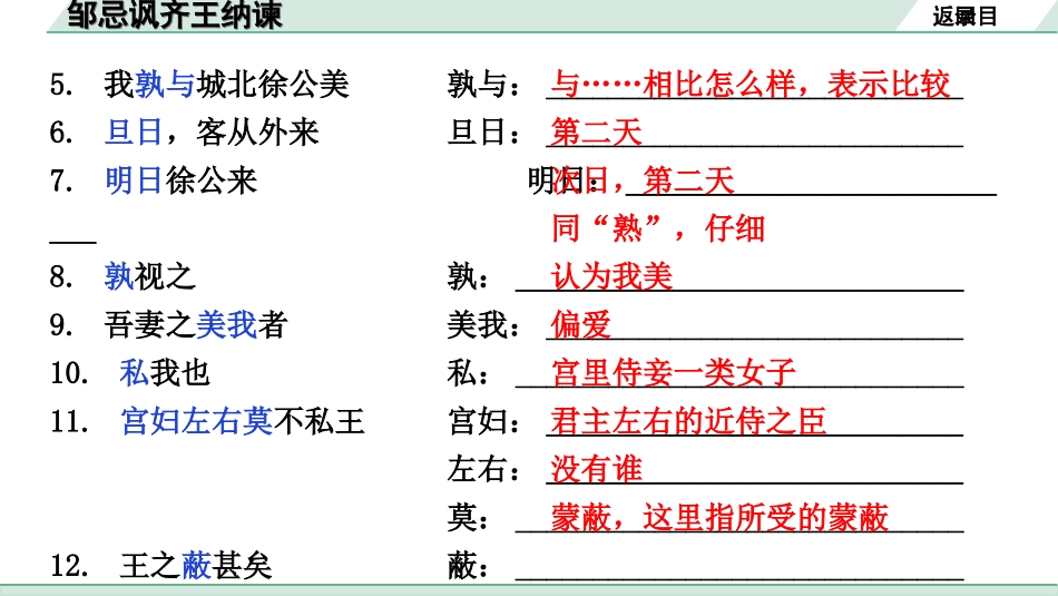 中考安徽语文2.第二部分  古诗文阅读_1.专题一  文言文阅读_一阶  课标文言文逐篇梳理及对比迁移练_第7篇  邹忌讽齐王纳谏_邹忌讽齐王纳谏（练）.ppt_第3页