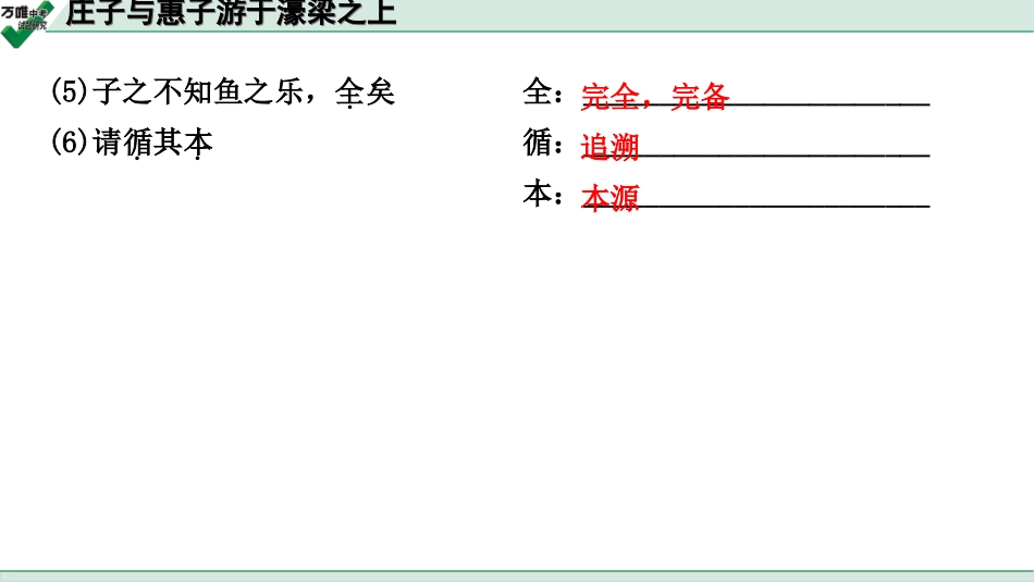 中考贵阳语文2.第二部分  阅读能力_5.古代诗文阅读_1.专题一　文言文阅读_1.一阶　教材文言文逐篇梳理及课外对接_第15篇　庄子与惠子游于濠梁之上_庄子与惠子游于濠梁之上(练).ppt_第3页