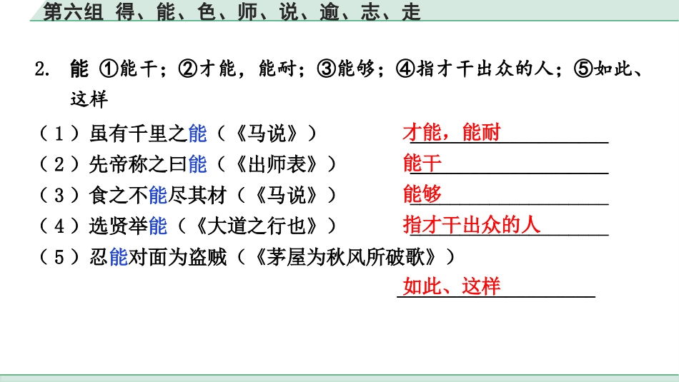 中考湖北语文2.第二部分 古诗文阅读_1.专题一  文言文阅读_二阶：重点字词梳理及迁移训练_1.一词多义梳理及迁移训练_第六组  得、能、色、师、说、逾、志、走.pptx_第3页